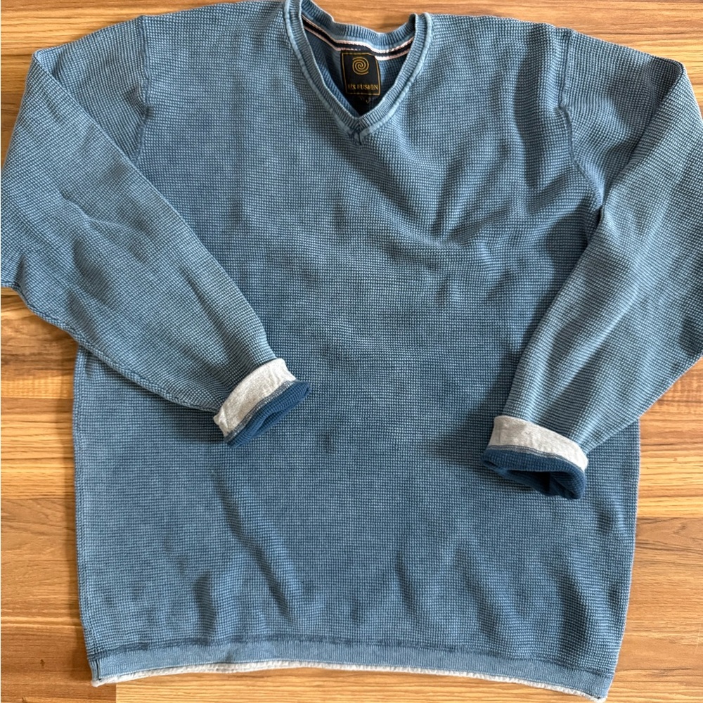 Men's Blue V-Neck Waffle Knit Sweater